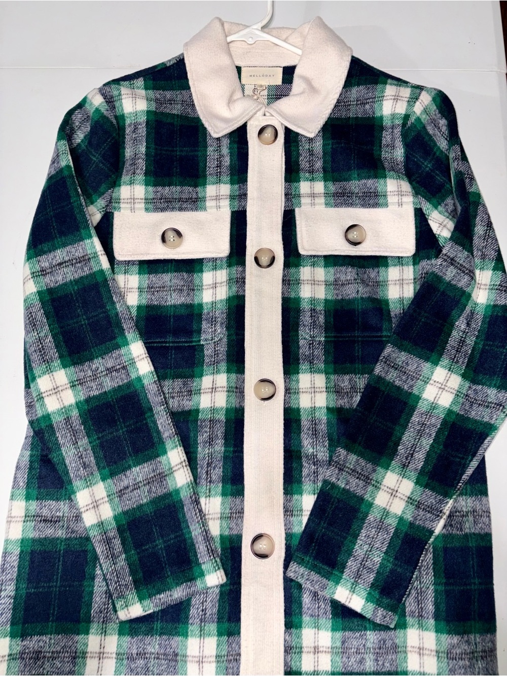 MELLODAY Green Navy Plaid Button-Front Shacket with Cream Trim